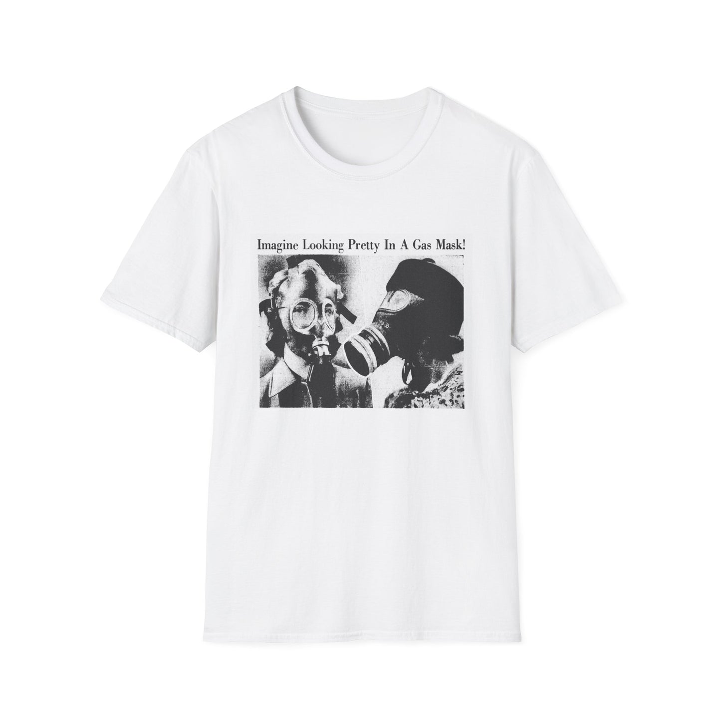 imagine looking pretty in a gas mask! vintage style unisex white t-shirt