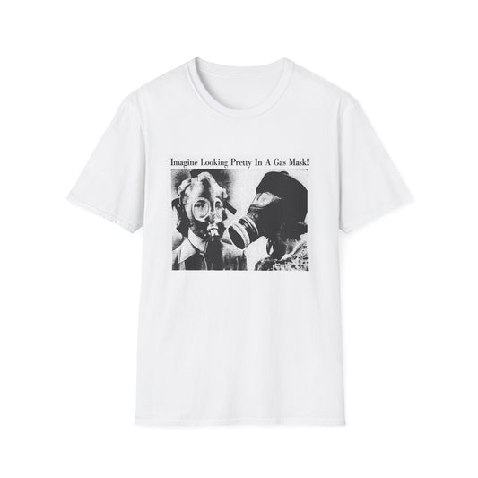 imagine looking pretty in a gas mask! vintage style unisex white t-shirt